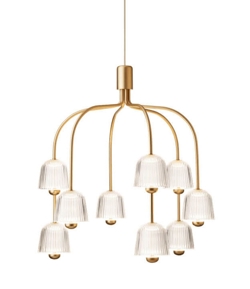 Asteea 9 żyrandol, satynowy mosiądz/żłobiony przezroczysty