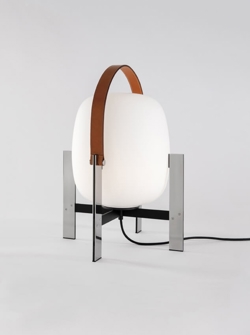 CESTA METÁLICA lampa stołowa z uchwytem skórzanym